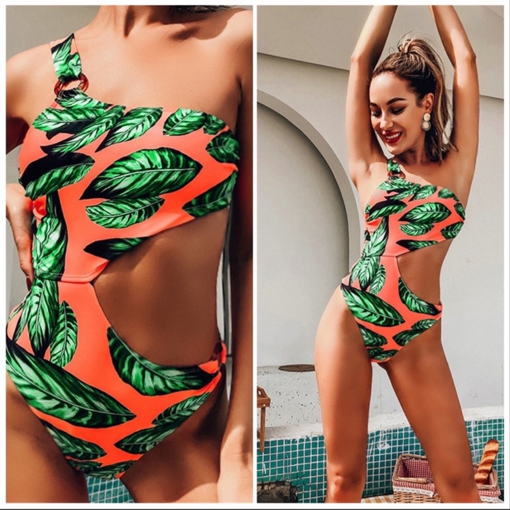 NEW‼️ Summer ORANGE GREEN leaves padded- bikini - Picture 2 of 3